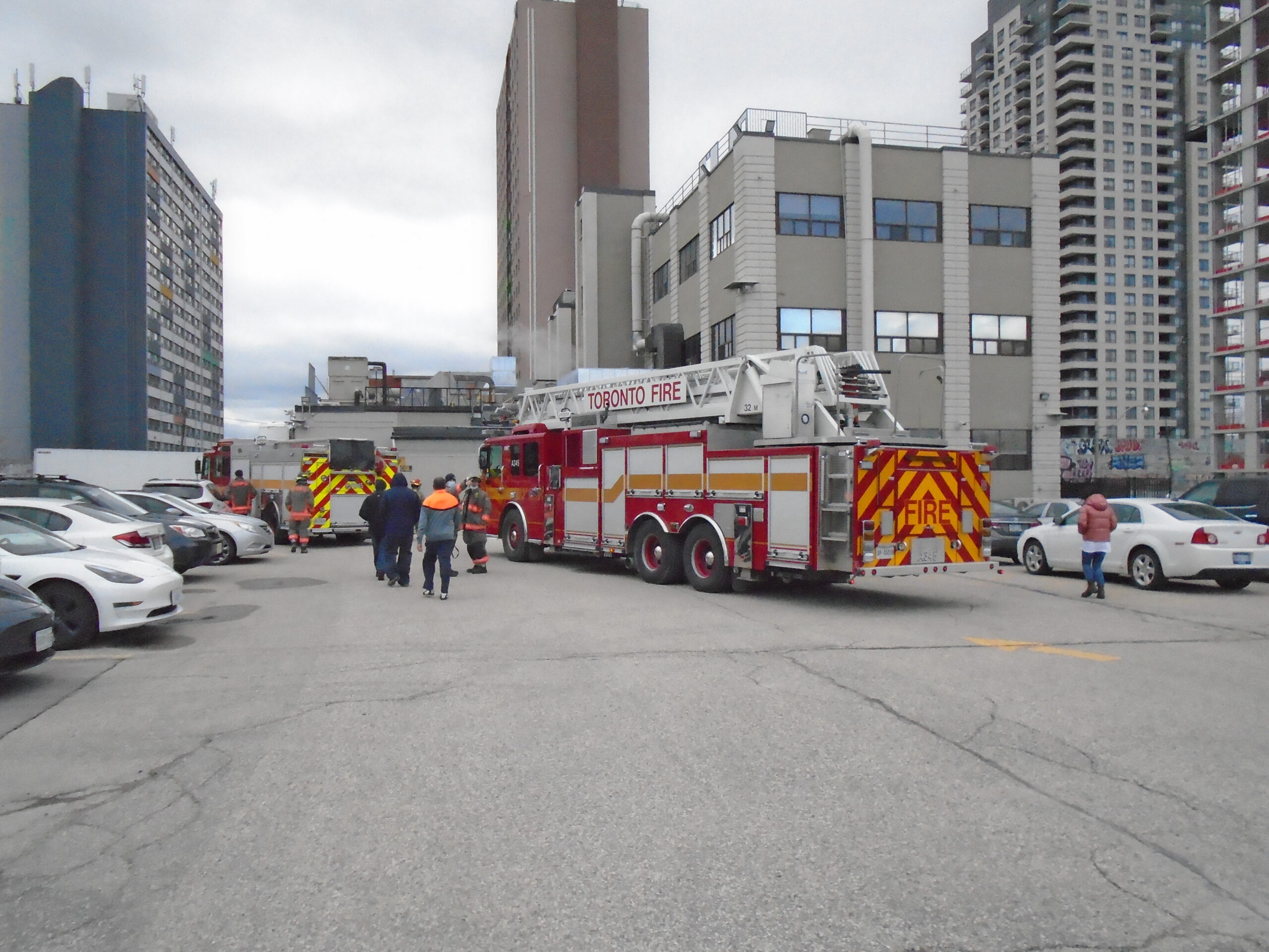 BWXT emergency response Toronto fire drill firetruck in parking lot with firefighters