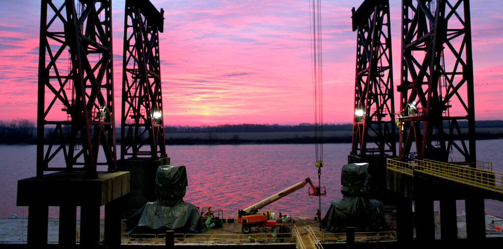 Steam generator transport location sunrise pink and purple colors in the sky
